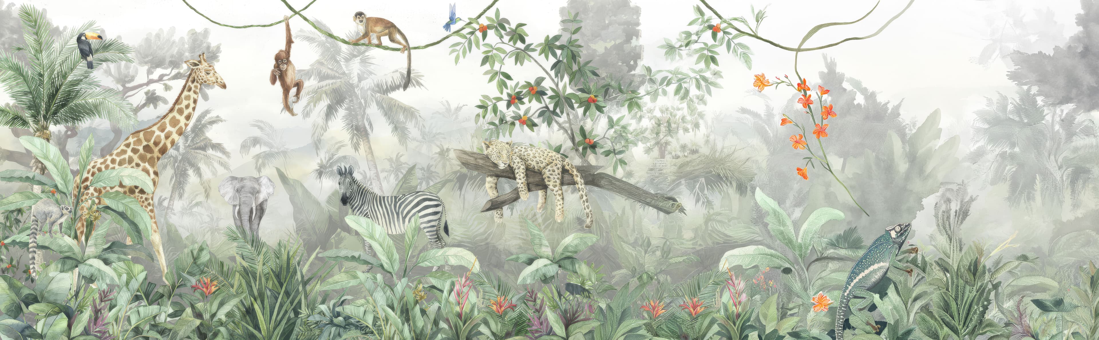 A hand-painted jungle mural wall at Dreami Play Café, filled with animals